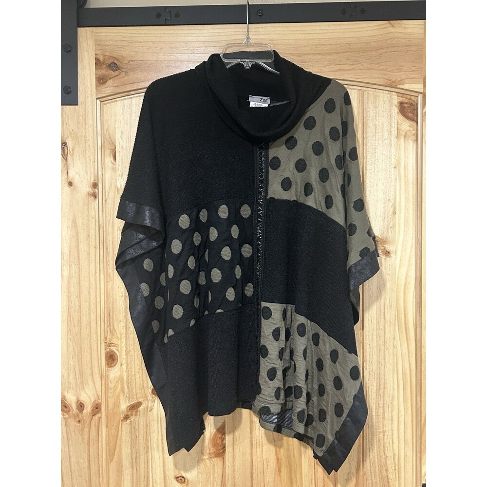Zoe By Michael Phillips Poncho Sweater Black Olive Green Faux Leather Trim L/XL